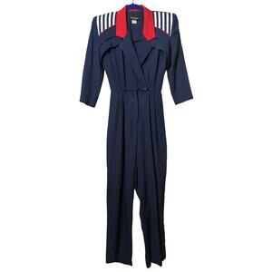 VTG John Roberts USA Navy Red Striped Shoulder Jumpsuit 80s Power Suit 5/6